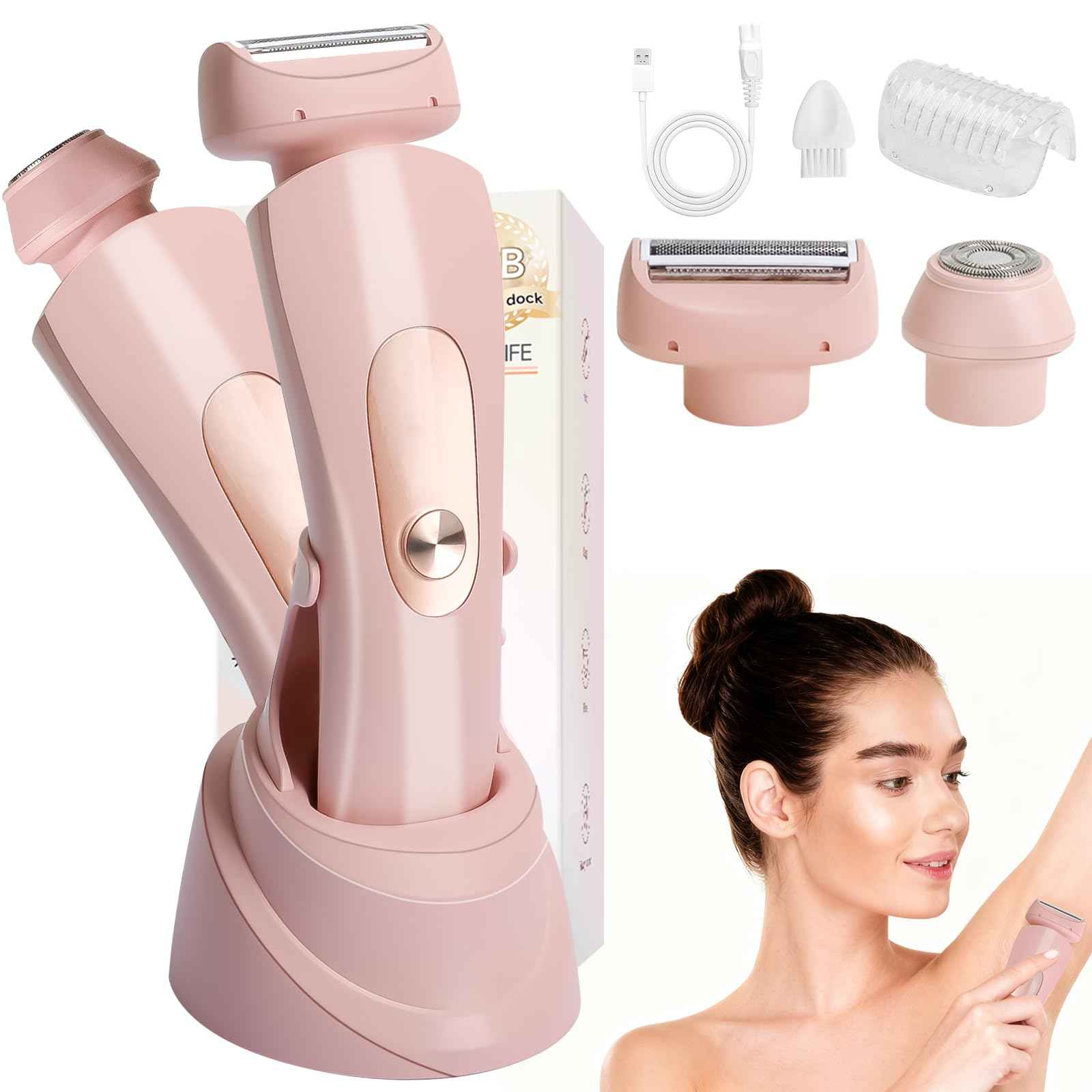 Luxsego 2 in 1 Electric Bikini Trimmer for Women, IPX7 Waterproof Wet & Dry Use Electric Razors for Women Pubic Hair, Painless Bikini Shaver with LED Light & Display, Dual USB Charge Dock, Pink