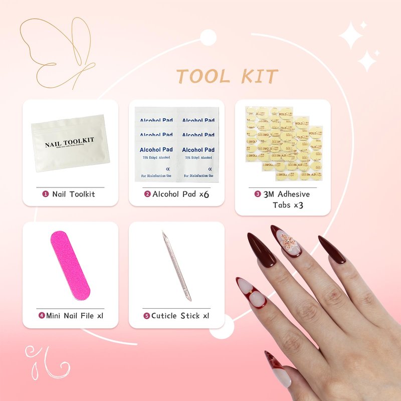 Vanpaga Handmade Square Coffin Press on Nails – Ocean Ombre Blue Bronze Nails with 3D Carved Flower & Gold Foil, Reusable Glossy Stick on Fake Nails, 10pcs Acrylic Nail Set with Tool Kit (Size L)