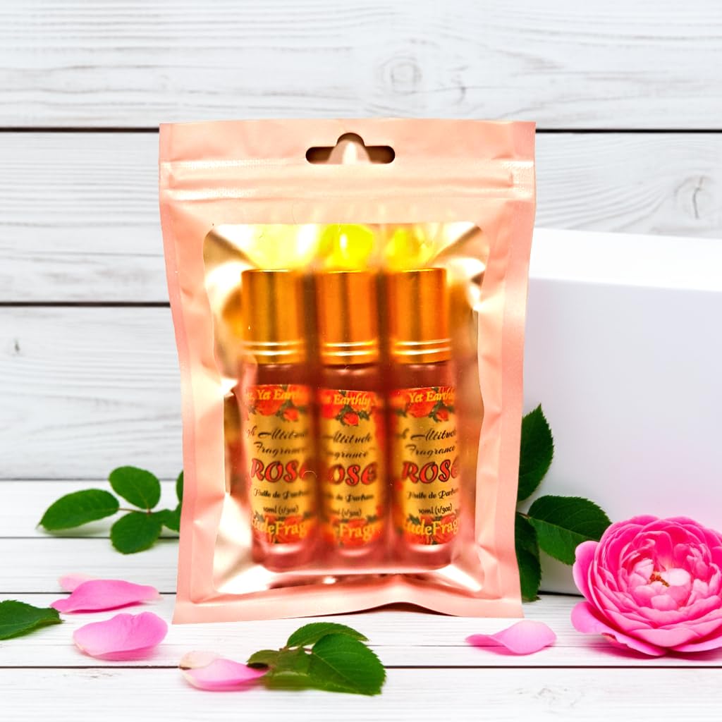 ROSE Perfume Oil - All-Natural Essential Oil Fragrance - Huile de Parfum - Bulgarian Damask Rosa Damascena Petals Otto,Tea Rose, De Mai - Roll On Roller Ball - Party Travel Guest Favors Gifts - 10mlx3
