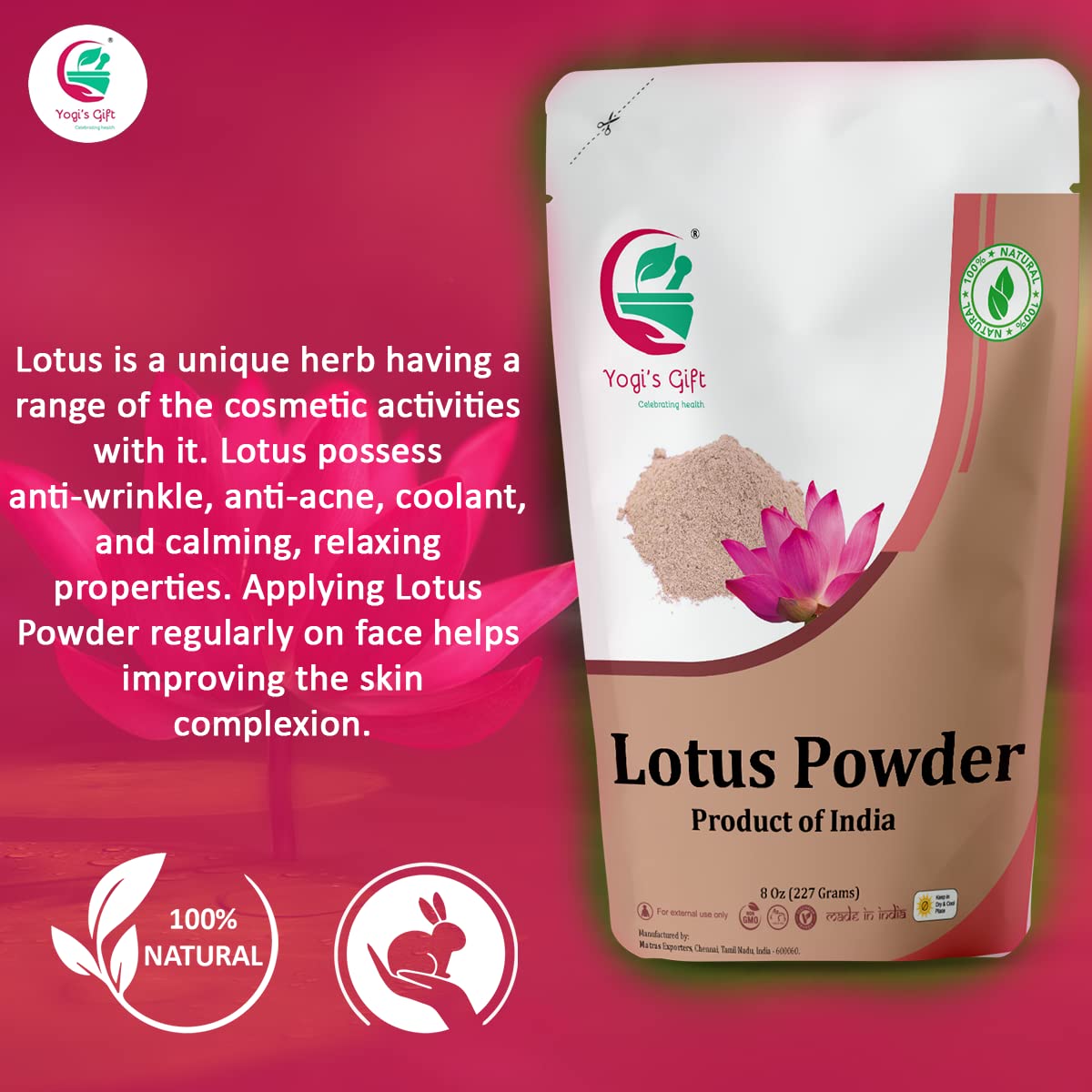 Yogi's Gift | Lotus Flower Powder | Nelumbo Nucifera | 8 oz (227 Grams) | 100% Pure & Natural Lotus Petals Powder for Hair & Skin | Ayurvedic Cosmetics