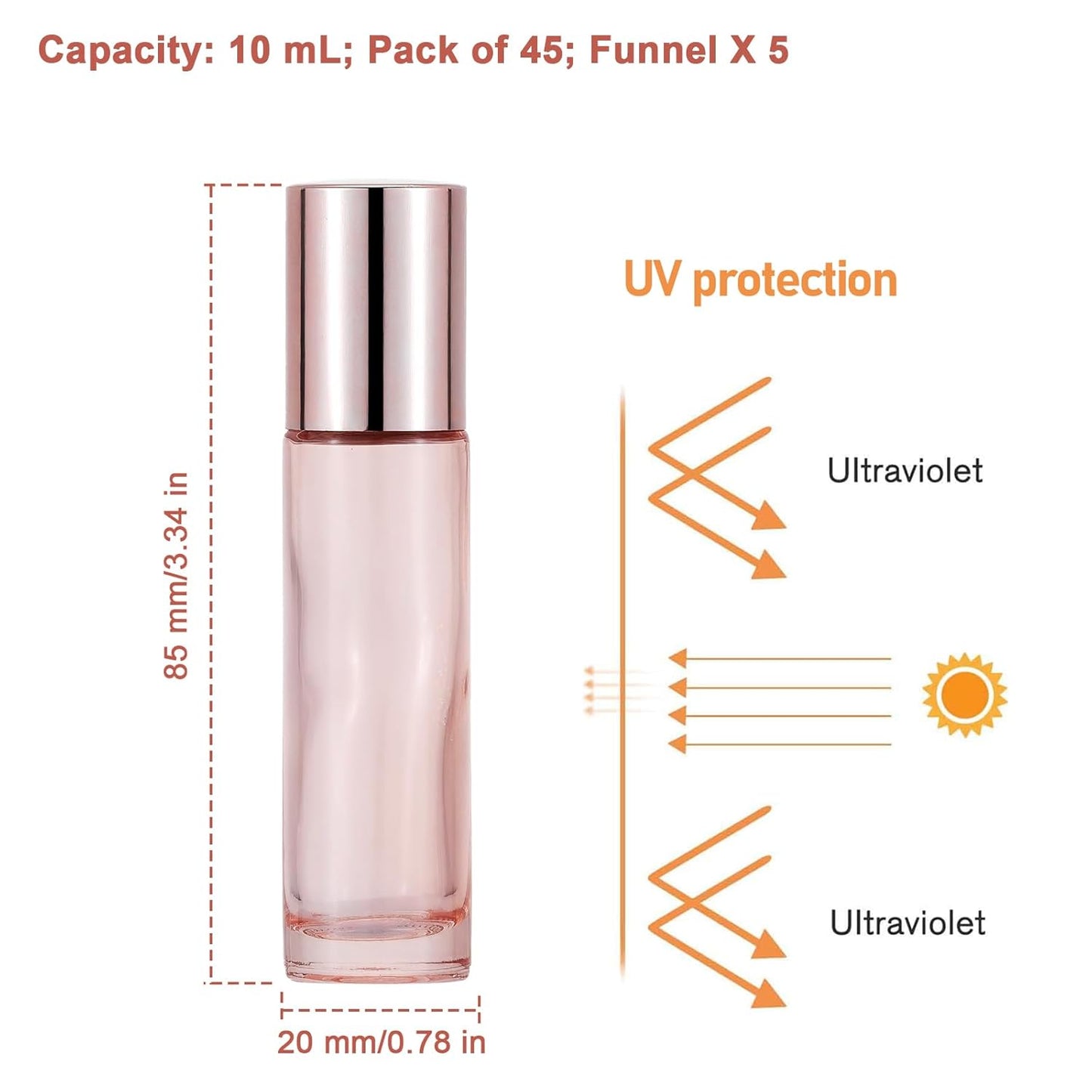 Essential Oil Roller Bottles - 45Pcs 10ml Thick Glass Vials with Stainless Steel Rollers | Rose Gold for Aromatherapy & Perfumes