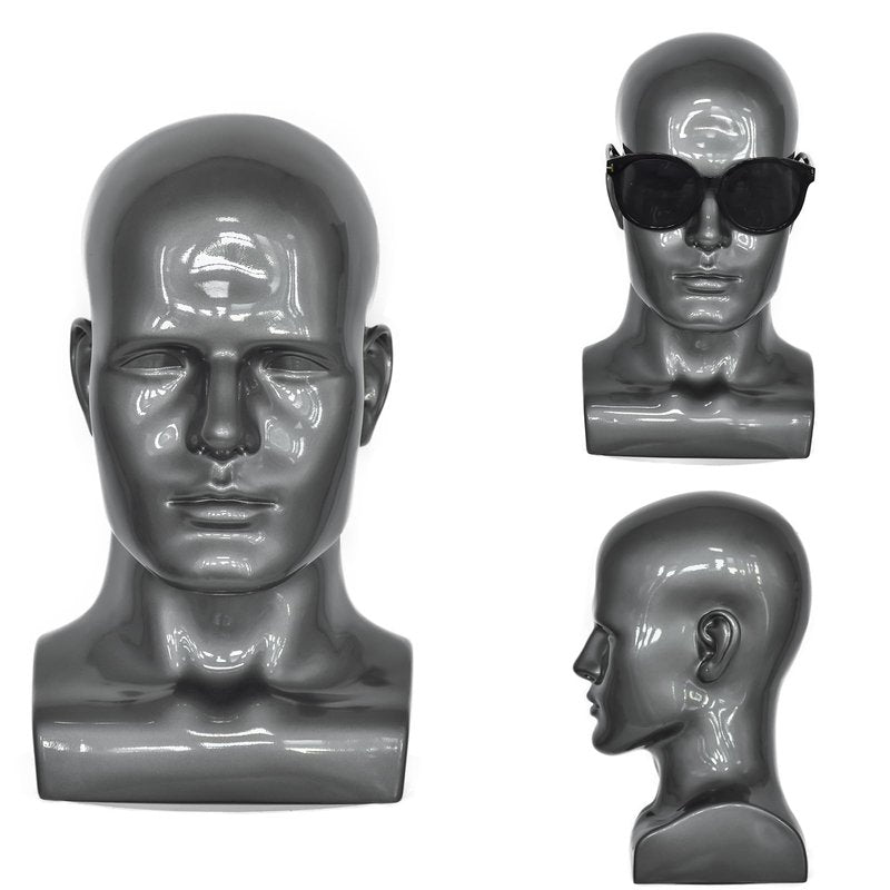VEELTRAS Male Mannequin Head PVC Professional Head Model Training Display for Wigs Hat Mask Scarf Sunglasses with Mount Hole (sliver grey)