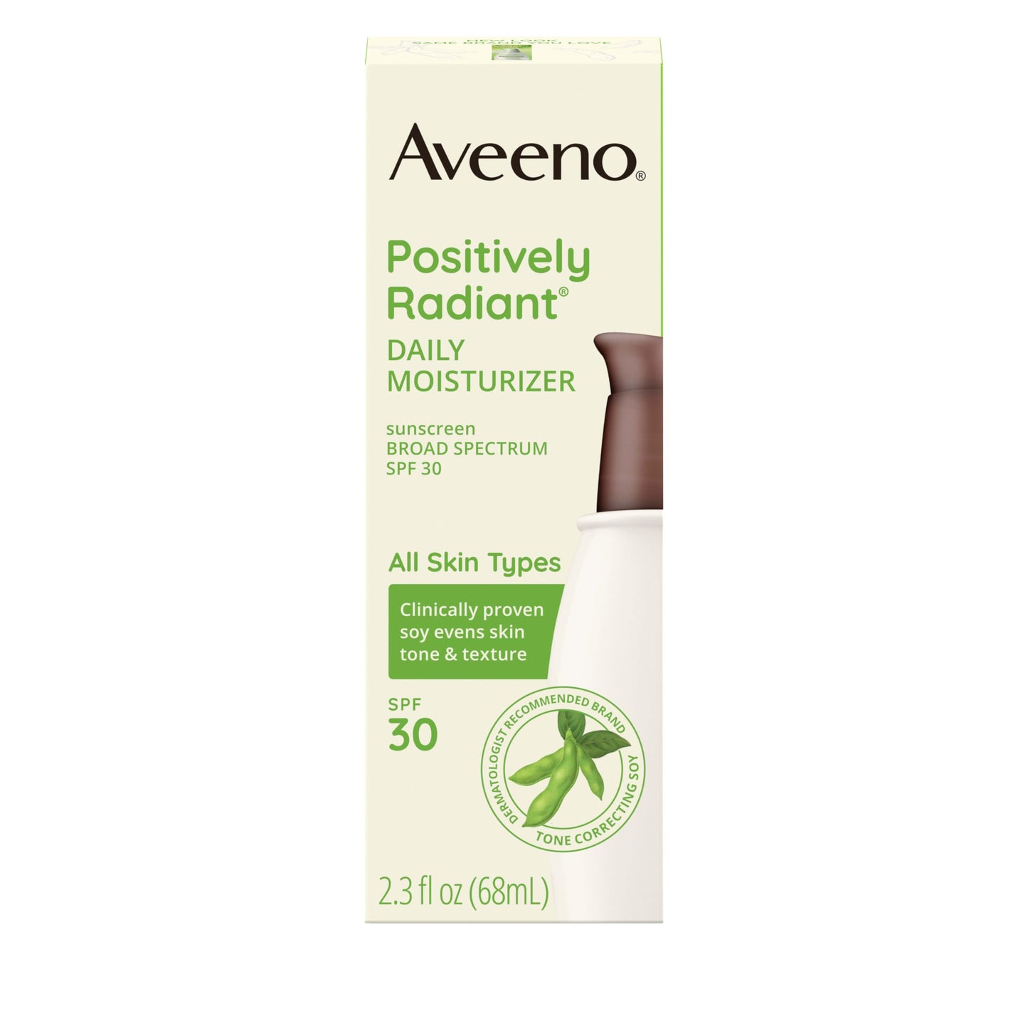 Aveeno Positively Radiant Face Moisturizer with SPF 30 Sunscreen, Hydrating Facial Moisturizer with Soy Extract to Visibly Improve Skin Tone and Texture, Hypoallergenic Formula, Oil-Free, 2.3 Fl Oz