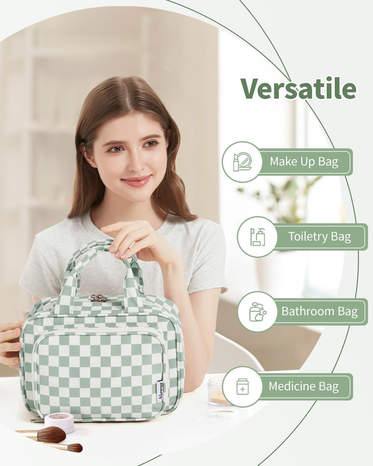 Large Travel Toiletry Bag - Checkered Makeup Organizer for Women | Mint Green