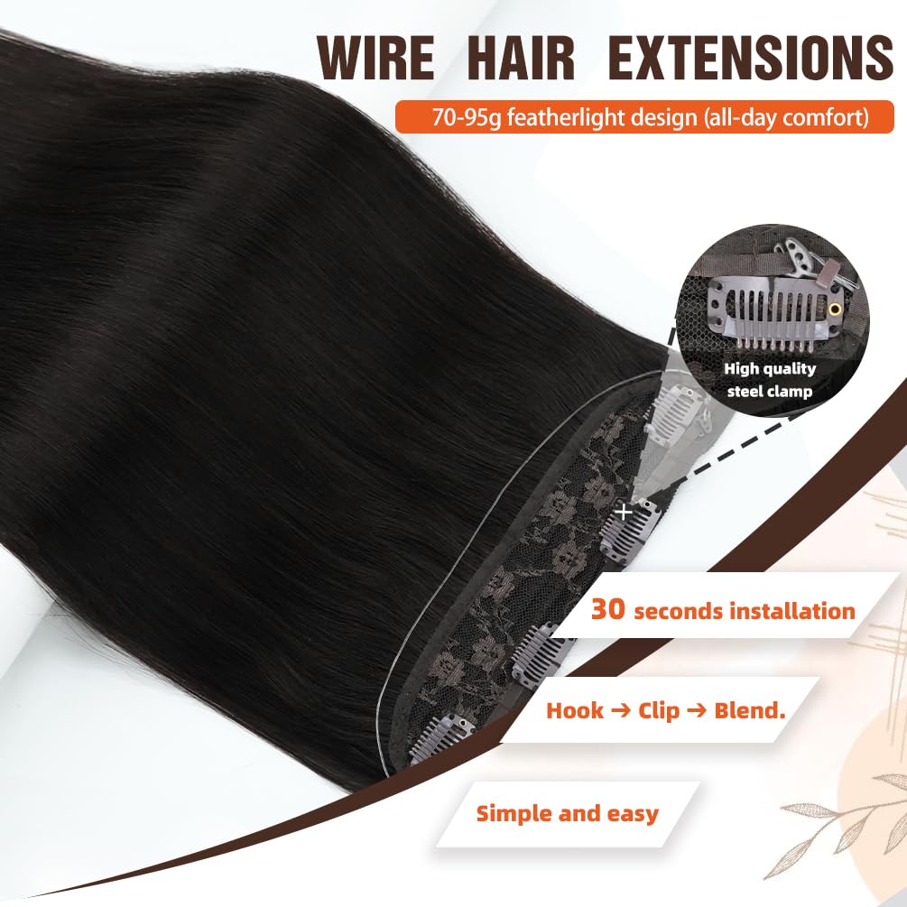 Invisible Wire Hair Extensions Real Human Hair - 14 Inch 70G Chestnut Brown Transparent Fish Line Clip-Ins Hair Piece, 100% Remy Human Hair Extensions for Women