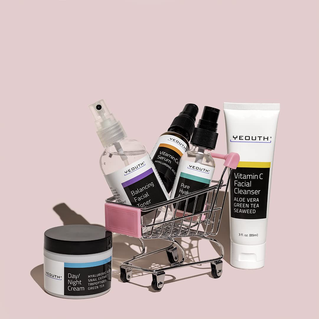 YEOUTH Skin Care Set: Hyaluronic Acid Serum for Face | Vitamin C Facial Serum | Face Cleanser | Skincare Toner & Cream | Hydrating Skin Care Gift Set 5-Piece