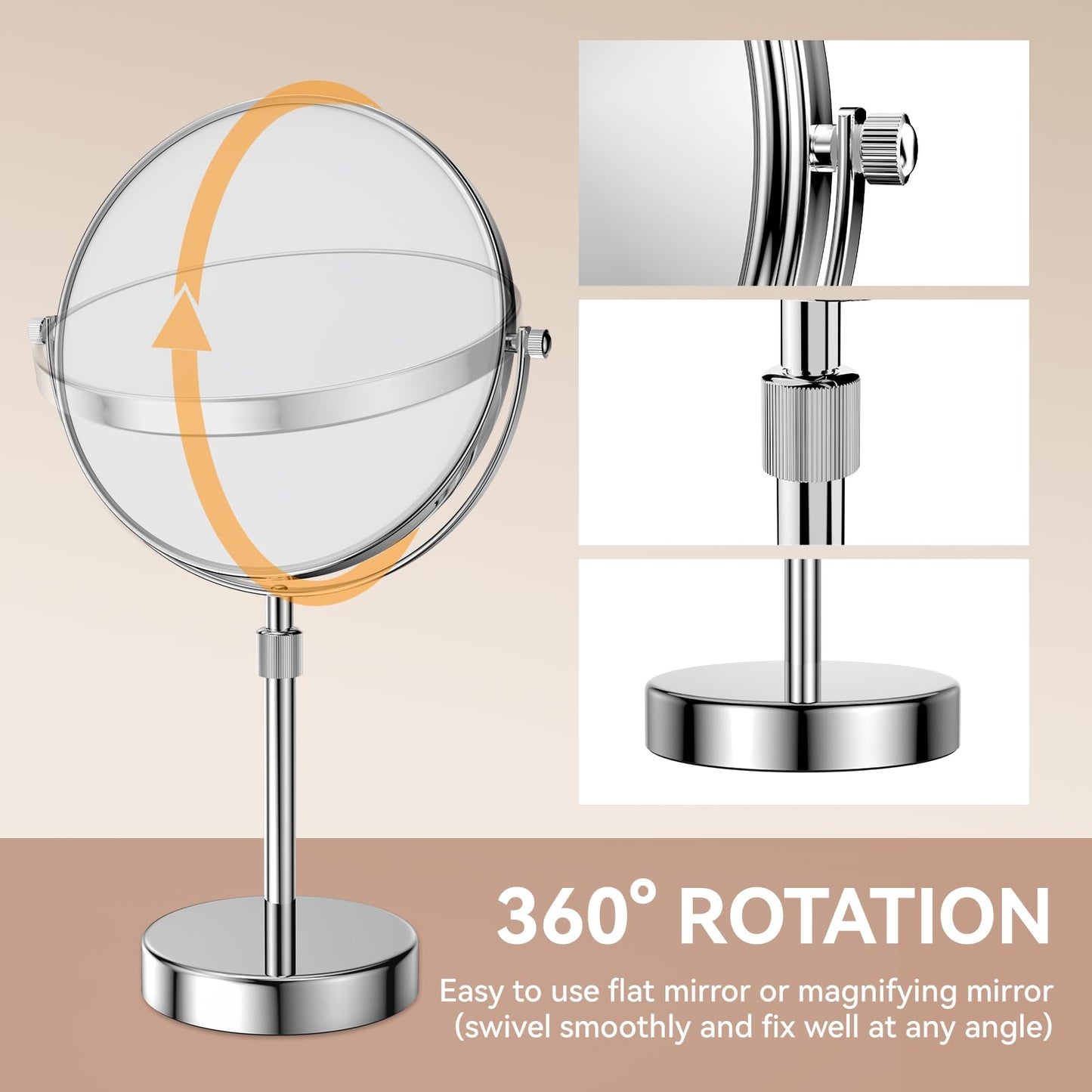 Nicesail Makeup Mirror Tabletop 8 Inch Double-Sided with 7X Magnification, Magnifying Mirror with Pedestal for Shaving Mirror, Height Adjustable for Make up Vainity Table, Chrome Finish (8 Inch, 7X)