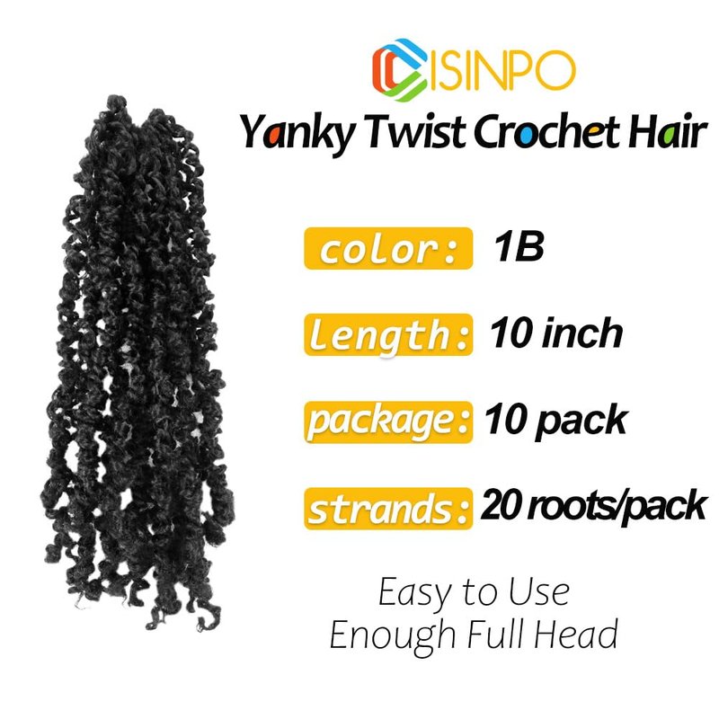 Cisinpo Yanky Twist Crochet Hair 10 Inch 10 Packs Pre-Twisted Natural Black Yankee Twist Mini Passion Twist for Black Women(1B, Total 200 Strands)