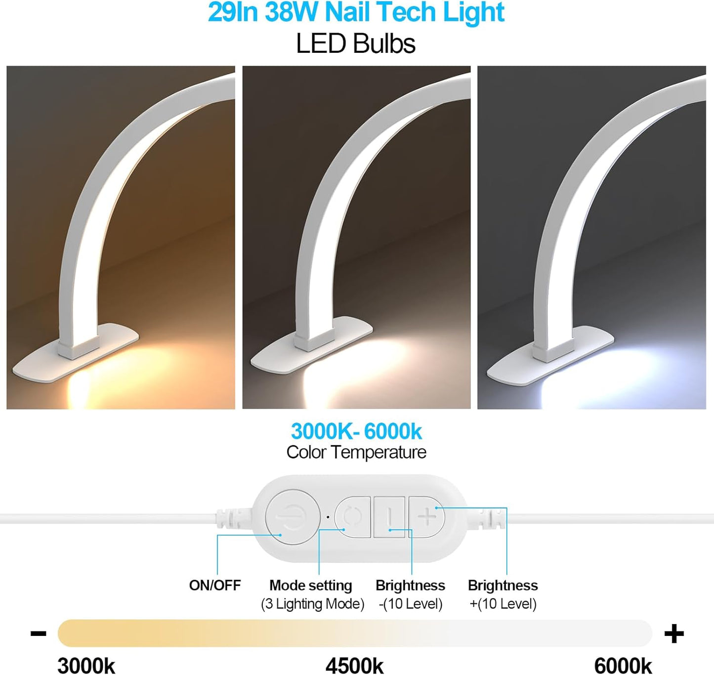 Foldable Large Half Moon LED Light - 29” Arch Table Light with Phone Stand for Nail Techs | White