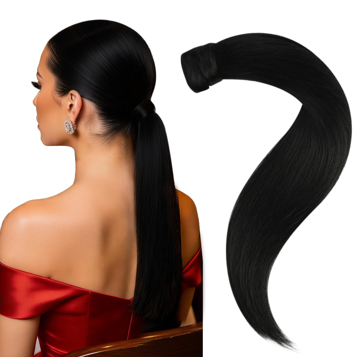 Easyouth Ponytail Extension Human Hair, Jet Black, 12 Inch 70G, Pony Tail Extensions, Flexible Wrap Around Ponytail, Short Straight Hair Extensions