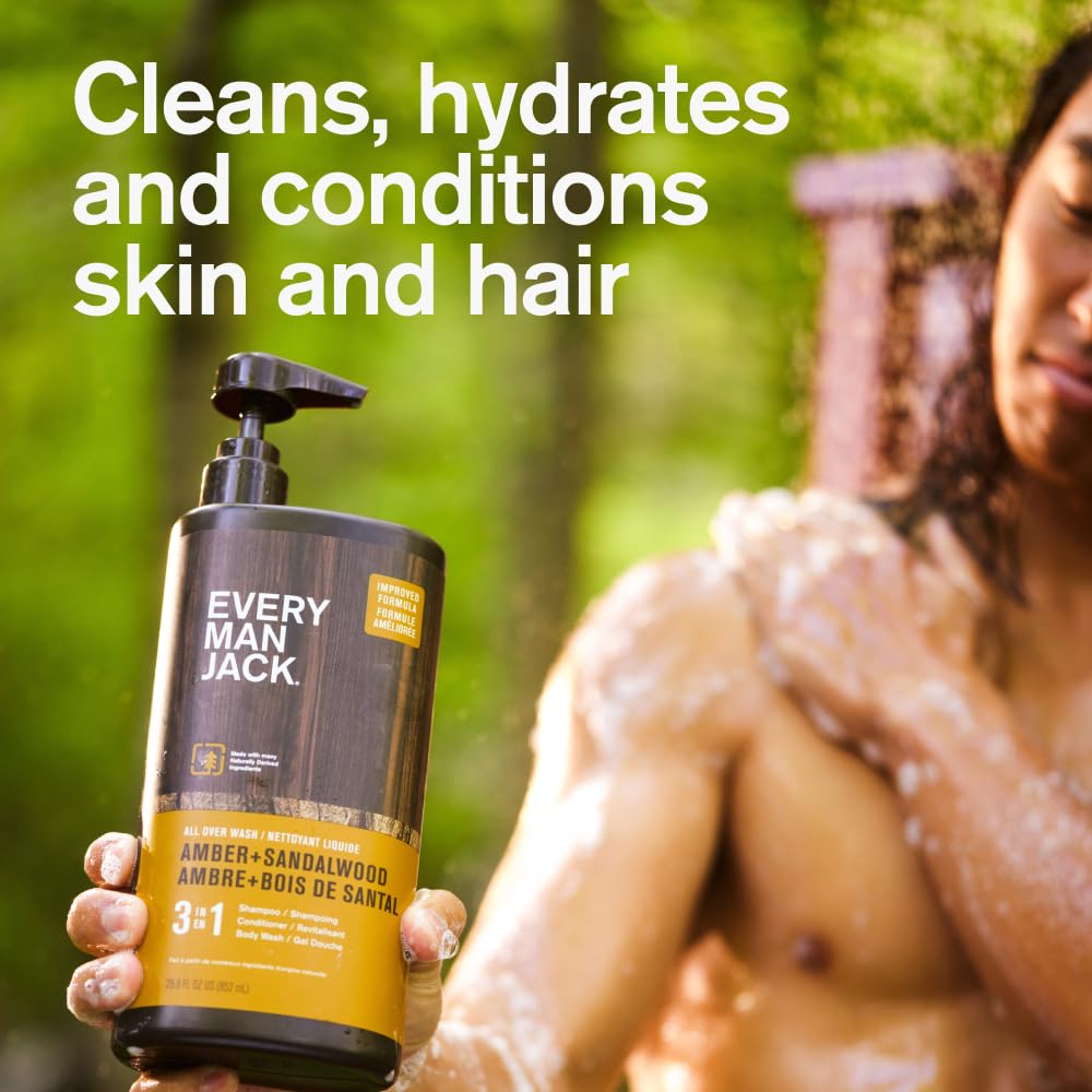 Every Man Jack Amber + Sandalwood Hydrating Mens 3-in-1 All Over Wash for All Skin and Hair Types - Body Wash, Shampoo and Conditioner with Naturally Derived Ingredients - 28.8oz (2 Pack)