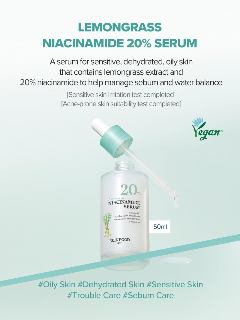 SKINFOOD Lemongrass Niacinamide 20% Serum, Korean Skincare Facial Serum for Oily & Sensitive Skin, Sebum Control, Moisture Balance, 50ml / 1.69 fl.oz.