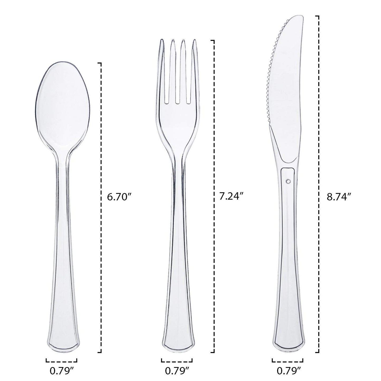 Party Essentials Extra Heavy Duty Hard Plastic Cutlery Combo Pack and Full Size Knives/Forks/Spoons, Clear, 8 Place Setting-Count