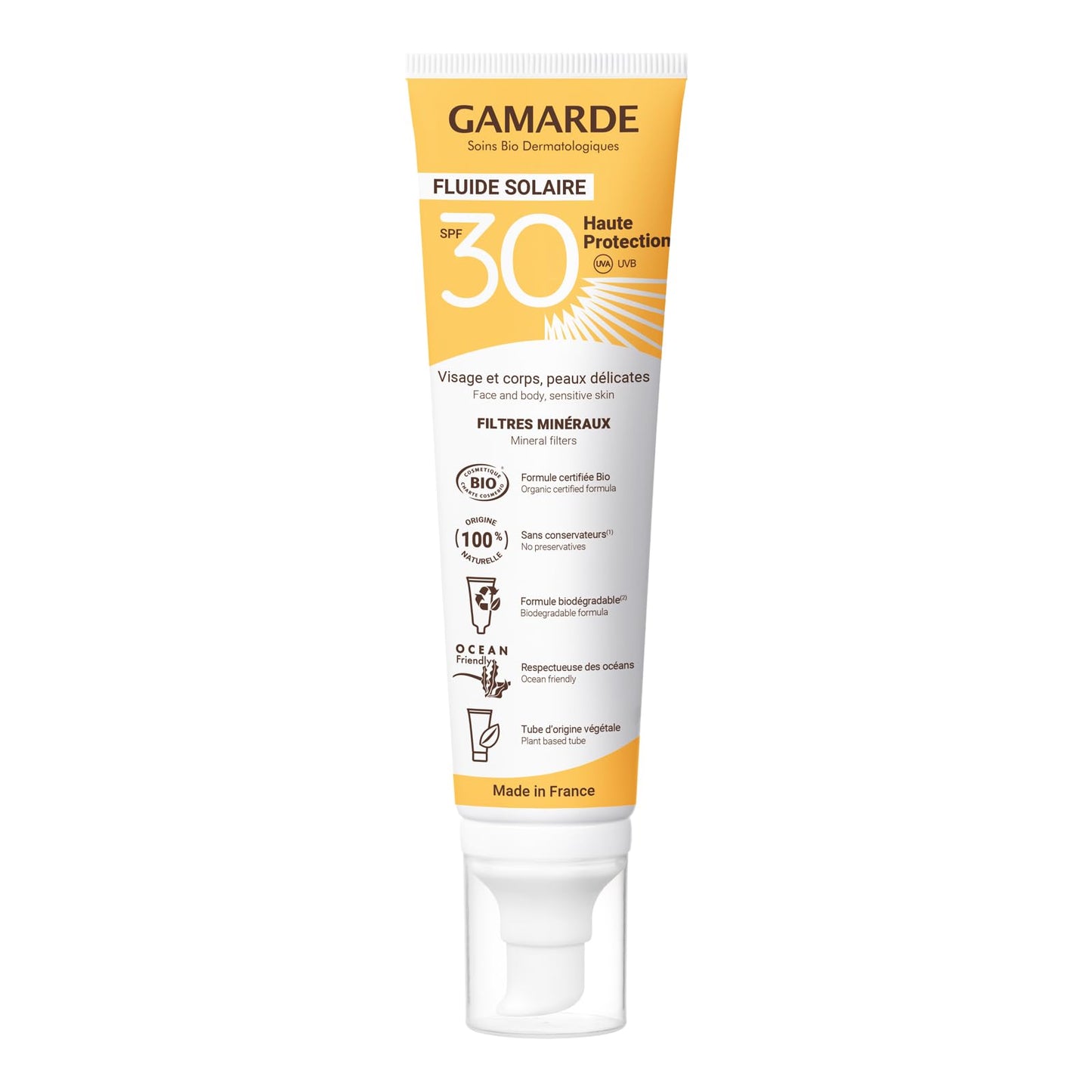 Gamarde Sun Fluid SPF 30 Sunscreen - Mineral Sunscreen with Invisible Texture - Enriched with Vegetable Oils - Non-Sticky and Chemical Free - 3.38 oz