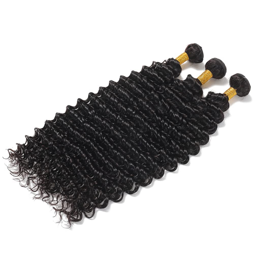 Cklikeb Human Hair Bundles T1B/30# Color Deep Wave Bundles Human Hair Unprocessed Brazilian Virgin 12 14 16 Inch 3 Bundles Quick Weave Human Hair Extensions 300g (T1B/30 Deep Wave, 12 14 16)