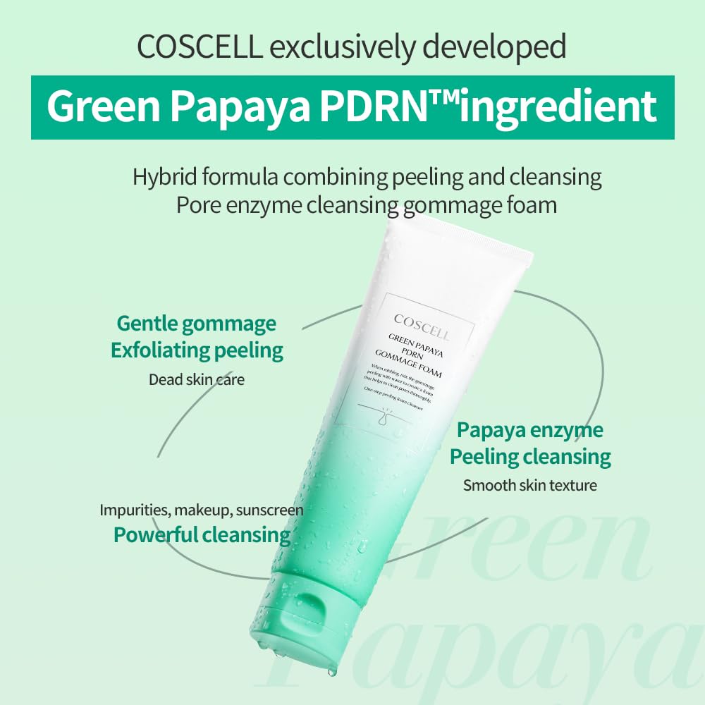 COSCELL Green Papaya PDRN Gommage Foam, Gentle Exfoliating Facial Cleanser, 3-Step Cream to Gommage to Foam Facial Cleanser, Daily Pore Cleansing Korean Face Wash with Papaya Extract, 120g