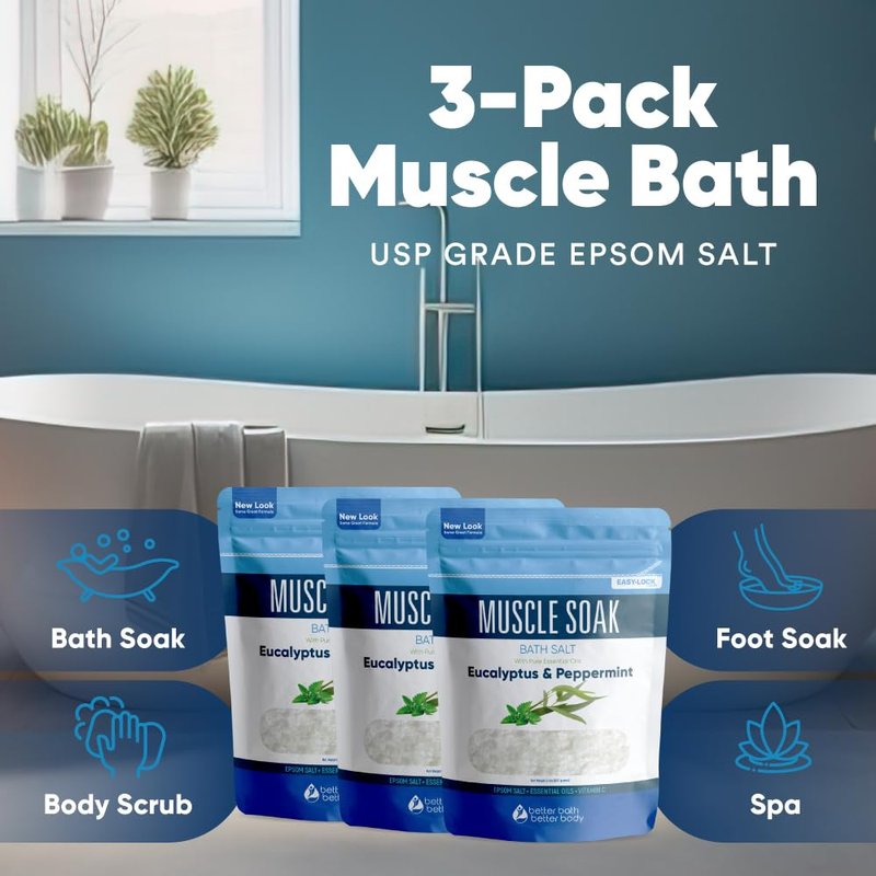 Muscle Bath Salt (3-Pack with Scoop) Muscle Bath Soaks with Pure Essential Oils in BPA Free Pouch with Press-Lock Seal Made in USA, Three 2-lbs Pouches 6-Lbs Total