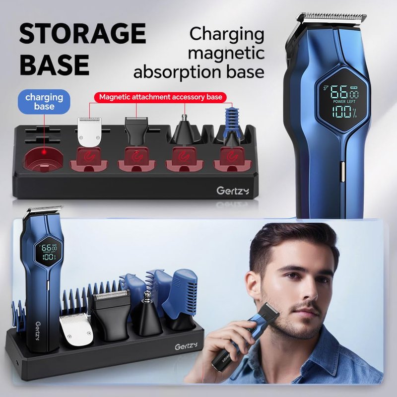 5-in-1 Electric Beard Trimmer Magnetic Replacement Heads, Professional Cordless Hair Clippers for Men Rechargeable, IPX7 Waterproof Grooming Kit for Face, Mustache, Body, Nose, Gifts for Men (Blue)