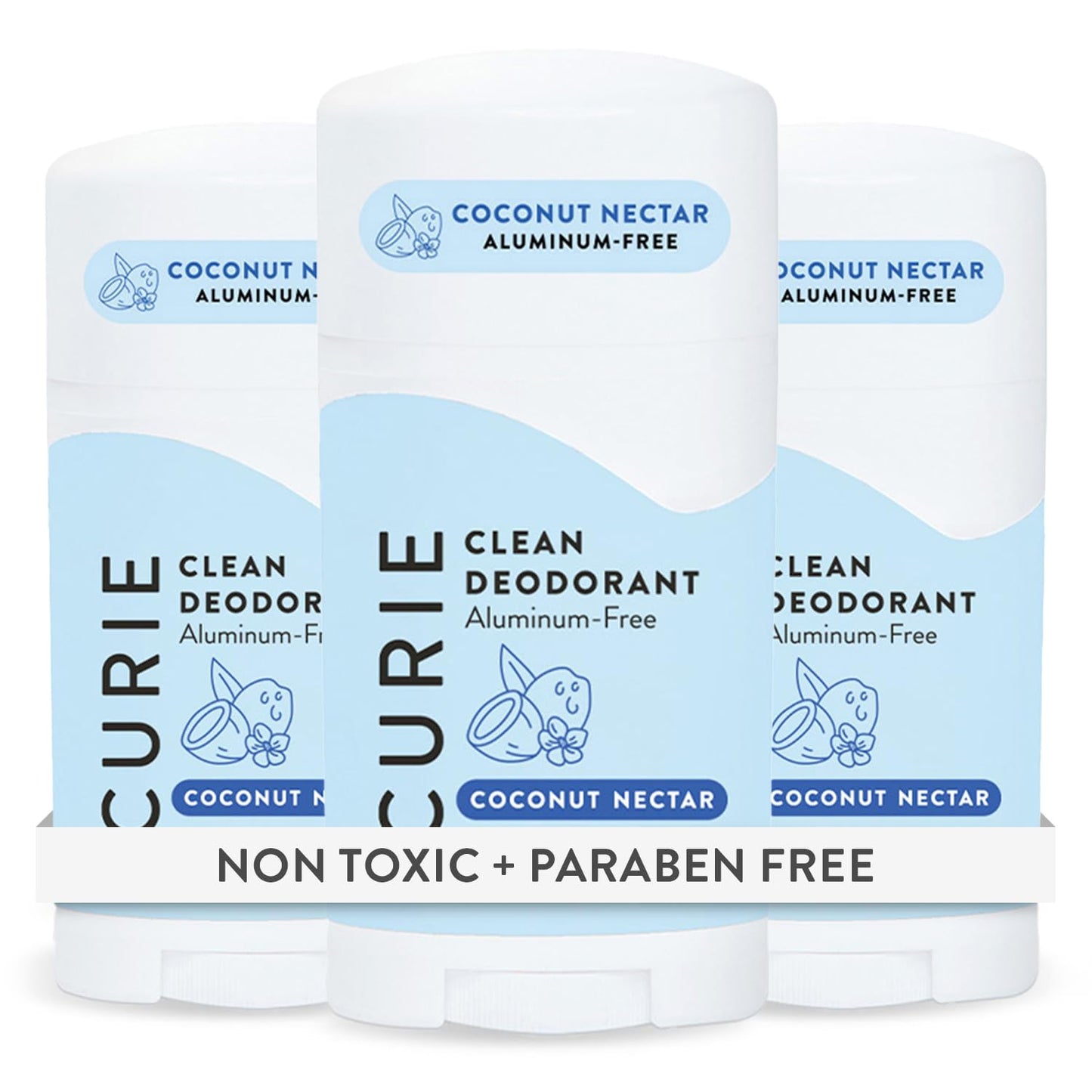 Curie Natural Deodorant for Women - Coconut Nectar - Aluminum Free, Clean, Sustainable, Vegan, Paraben Free (3pk)