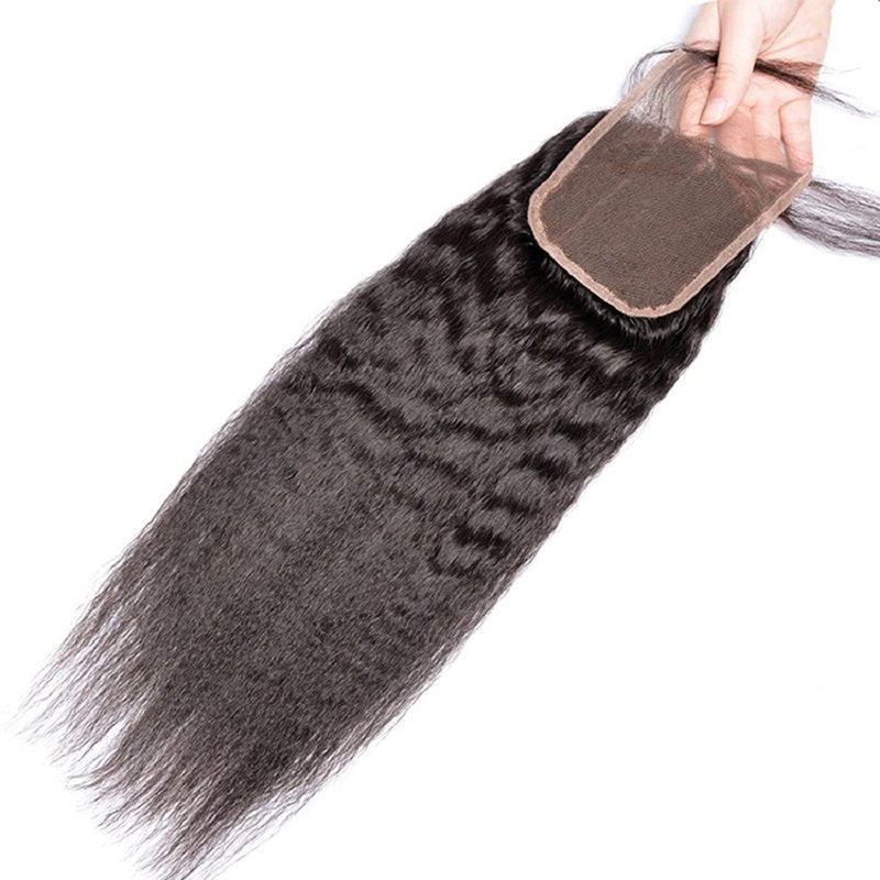 Brazilian Kinky Straight 4x4 Lace Closure 100% Unprocessed Human Virgin Hair Pre Plucked Coarse Italy Yaki Pre-Plucked Hairline Closure Natural Black With Baby Hair (14inch, kinky straight closure)