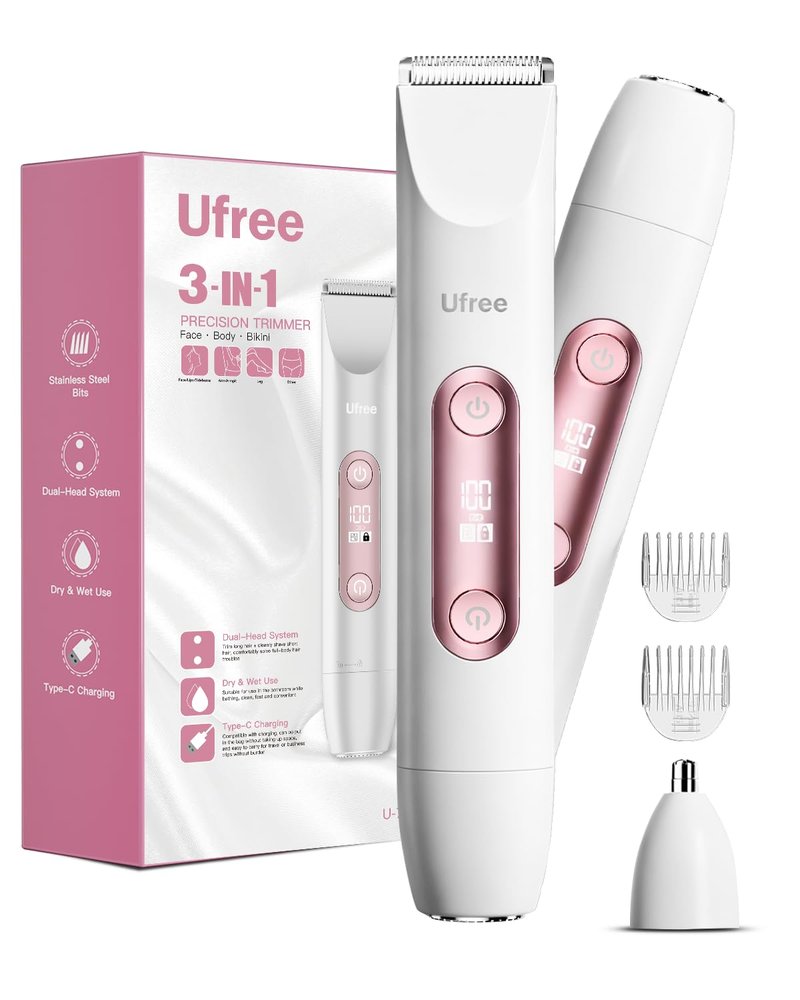 Ufree Bikini Trimmer Electric Razors for Women Dual Head, Pubic Body Hair Trimmer Electric Shaver for Face, Legs, Arm, Rechargeable Lady Shaver Waterproof, Summer Grooming Kit