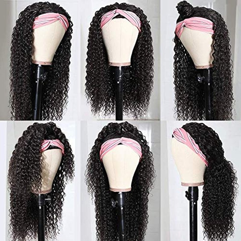 Eooma Glueless Wigs Human Hair Headband Wig Human Hair Half Wig for Black Women (18 inch) Briazilian Curly Scarf Wig No Gel Remy Hair None Lace Front Machine Made Wigs Human Hair