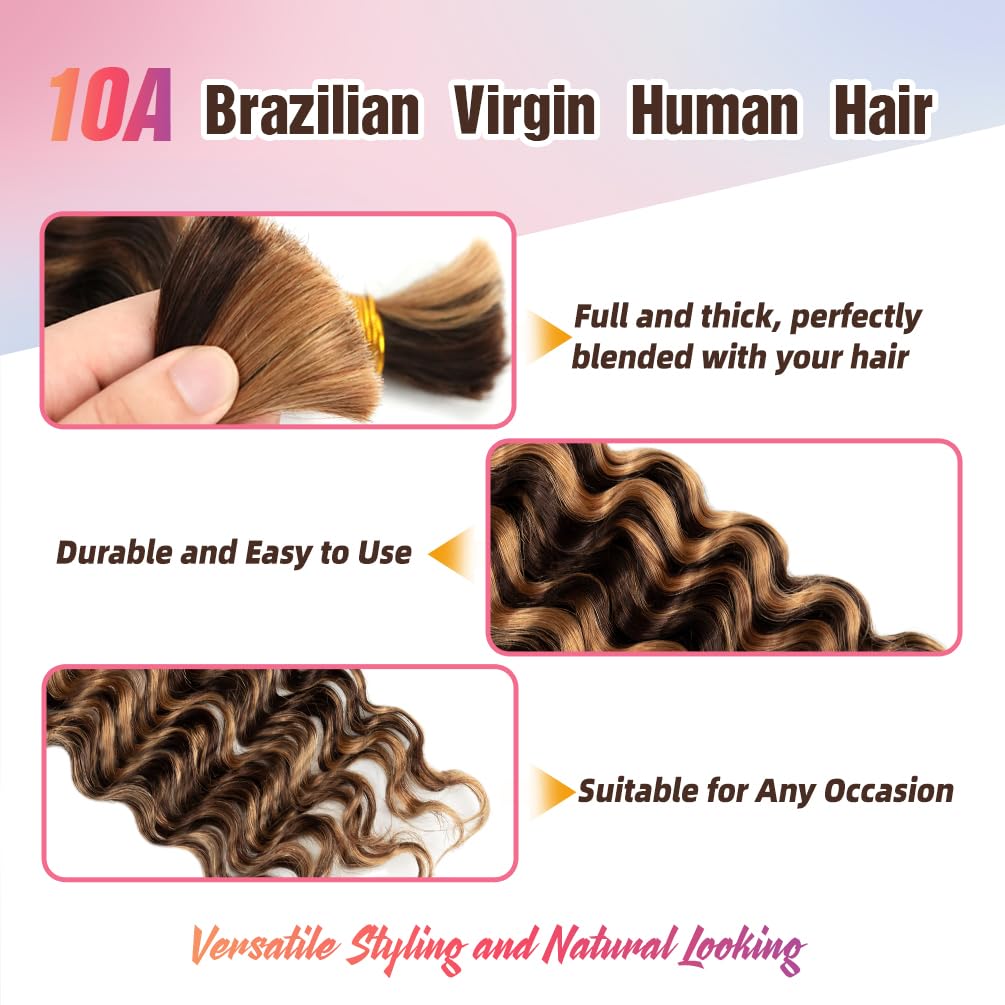"Human Braiding Hair, 2 Bundle 100g 16 Inch Boho Braids Human Hair 12A Deep Wave Bulk Brazilian Virgin No Weft Wavy Hair Extension for Boho Knotless Balayage Brown to Blonde"