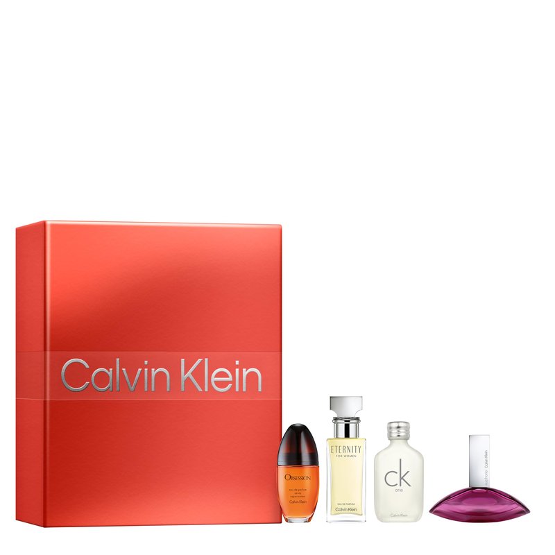 Calvin Klein Women's Multiline Travel Size Perfume Holiday Giftset 4-pc Set | Includes 0.5 fl oz Eternity, Euphoria, Obsession, and CK One | Discovery Size Perfume for Women