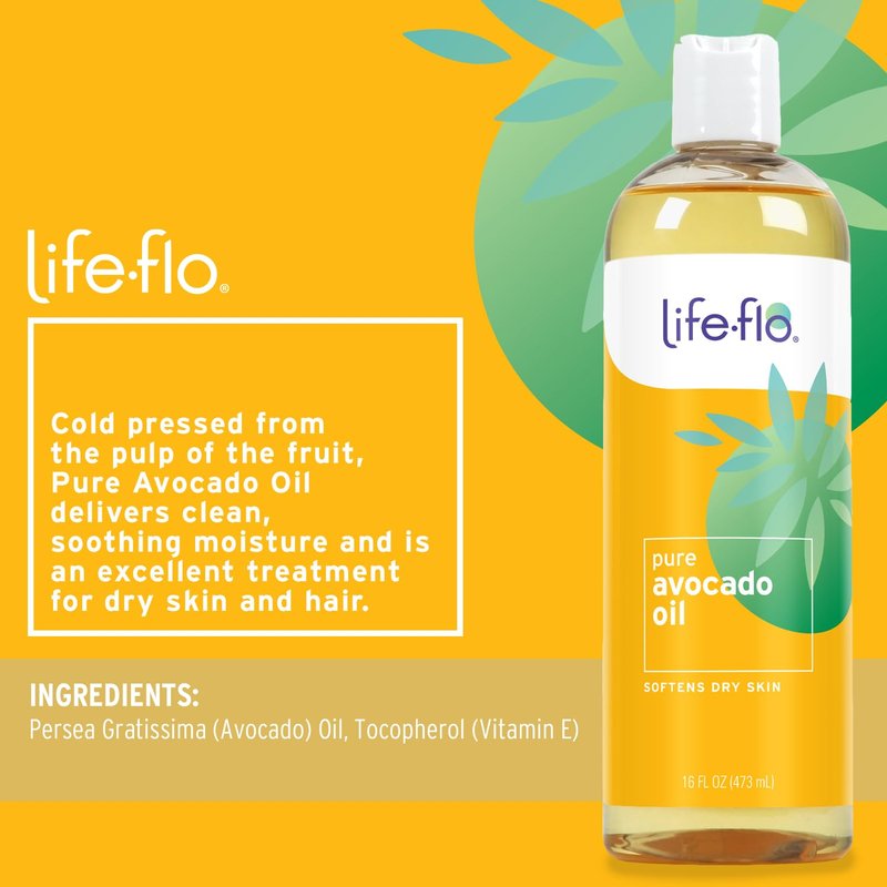 LifeFlo Pure Avocado Oil for Skin Care, Hair Care and Massage, Cold Pressed, Face and Body Moisturizer, Naturally Rich in Protein, Vitamins A, D and E, 60-Day Guarantee, Not Tested on Animals, 16oz