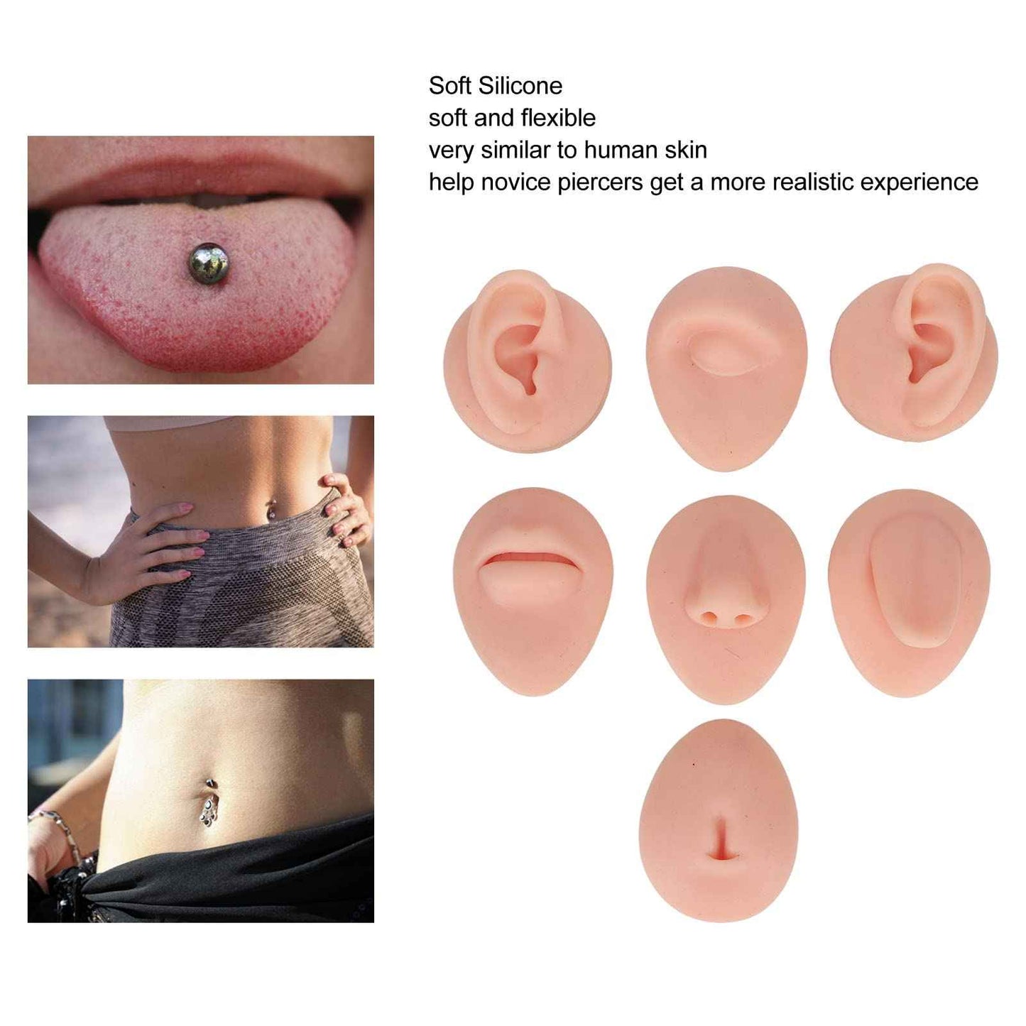 Fayelume 7PCS Piercing Practice Model Kit, Silicone Body Part Model For Piercing, Body Piercing Practice Model Kit Simulation Ear Eye Nose Mouth Tongue (Light Skin Colour)