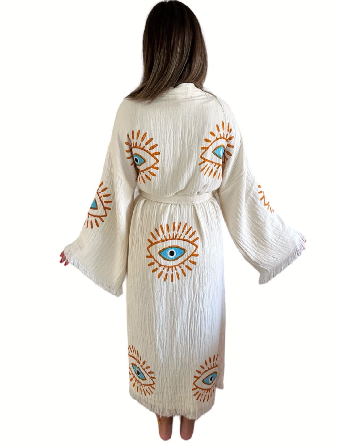 Handmade Evil Eye Kimono - Women Beach Cover Up - Festival Bohemian Robe - Boho Cotton Cardigan - Dressing Gown (Gold Eyes)
