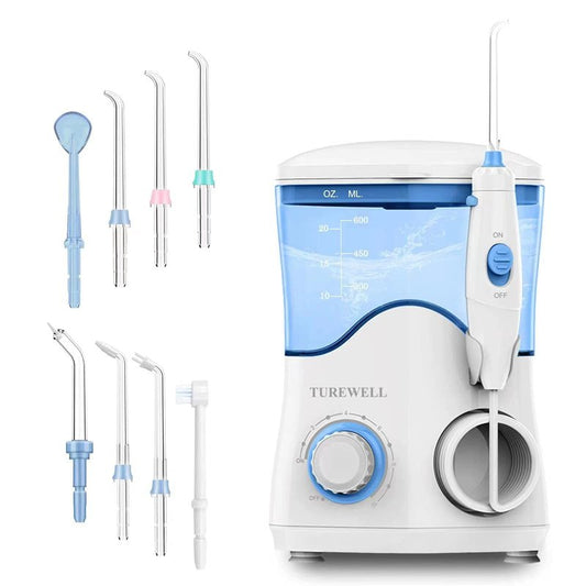 TUREWELL FC162 Water Dental Flosser for Teeth/Braces,10 Pressure Levels, 8 Water Jet Tips for Family, 600ML Electric Water Dental Oral Irrigator for Teeth-Clean (White)