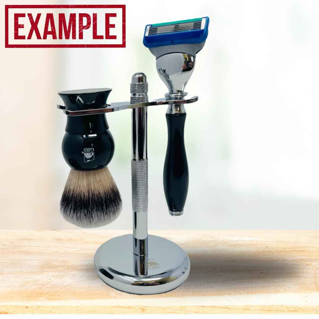 G.B.S Chrome Brush and Razor Stand - Textured Chrome Shaving Stand, – Stylish and Unbreakable Stand Best for Your Bathroom Everyday Grooming, Fits Most 3 and 5 Blade Razors Double Edge Safety Razors and Shaving Brush Stand