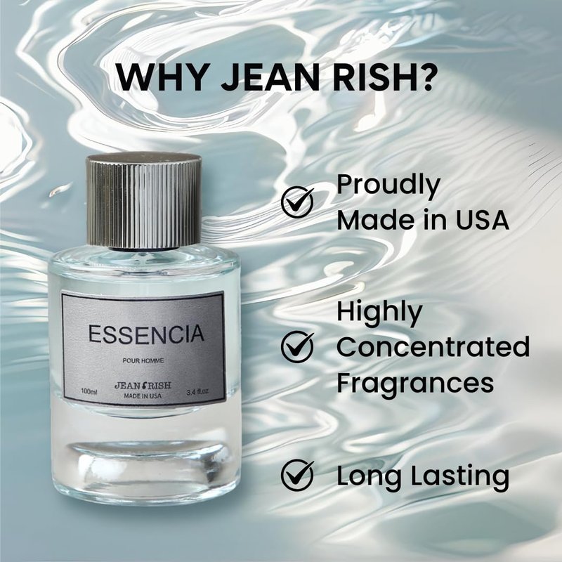 Jean Rish Essencia Perfume for Men Eau De Parfum, Long-Lasting Luxury Fragrance, Made In USA - Mint, Lemon, Bergamot, Vanilla, Cedar, Amber, Musk Scent - 100ml / 3.4 oz