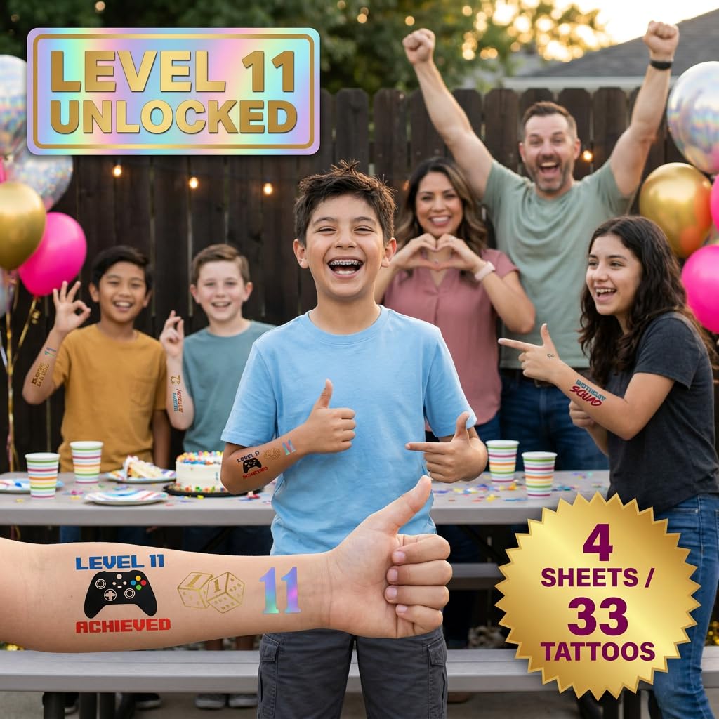 11th Birthday Temporary Tattoos - 4 Sheets - Funny Birthday Party Favors for Him or Her - Birthday Party Supplies, Gifts and Decorations