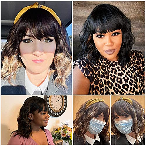 Black Mixed Brown Wig for Black Women 14 Inch Short Wavy Hair Wigs Curly Bob Wig with Bangs Wigs Shoulder Length Wigs for Black Women Bob Style Synthetic Heat Resistant