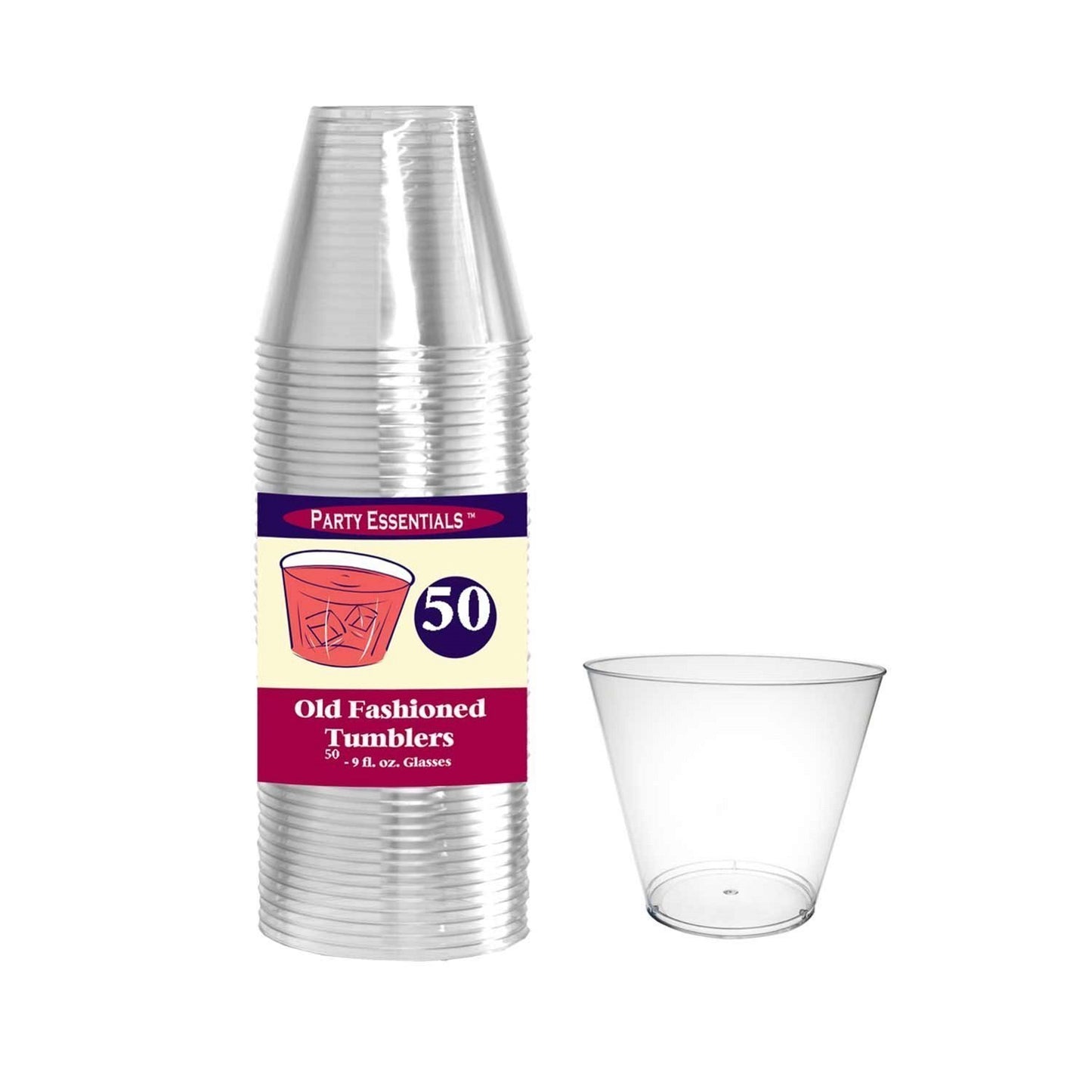 Party Essentials Disposable 9 oz Party Punch Cups | Old Fashioned Tumblers | Cocktail Glasses, 50 Count, Clear, Hard Plastic