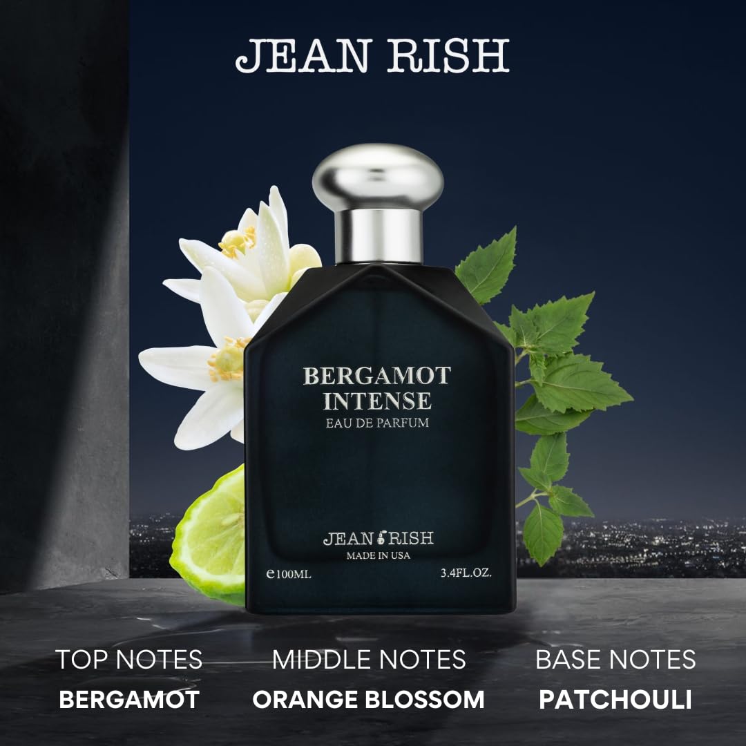 Jean Rish Bergamot Intense Perfume for Men Eau De Parfum, Long-Lasting Luxury Fragrance, Made In USA - Bergamot, Lemon, Lavender, Patchouli, Amber Scent - 100ml / 3.4 oz