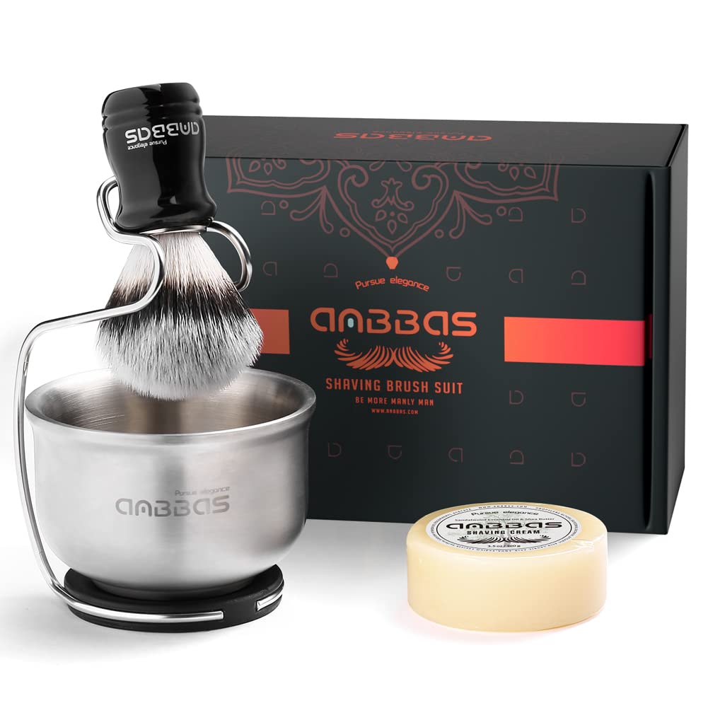 Anbbas Synthetic Badger Shaving Brush Set - 4-in-1 Kit with Stainless Steel Stand & Lathering Foam Bowl | Natural 3.5oz Shaving Soap Puck for Men