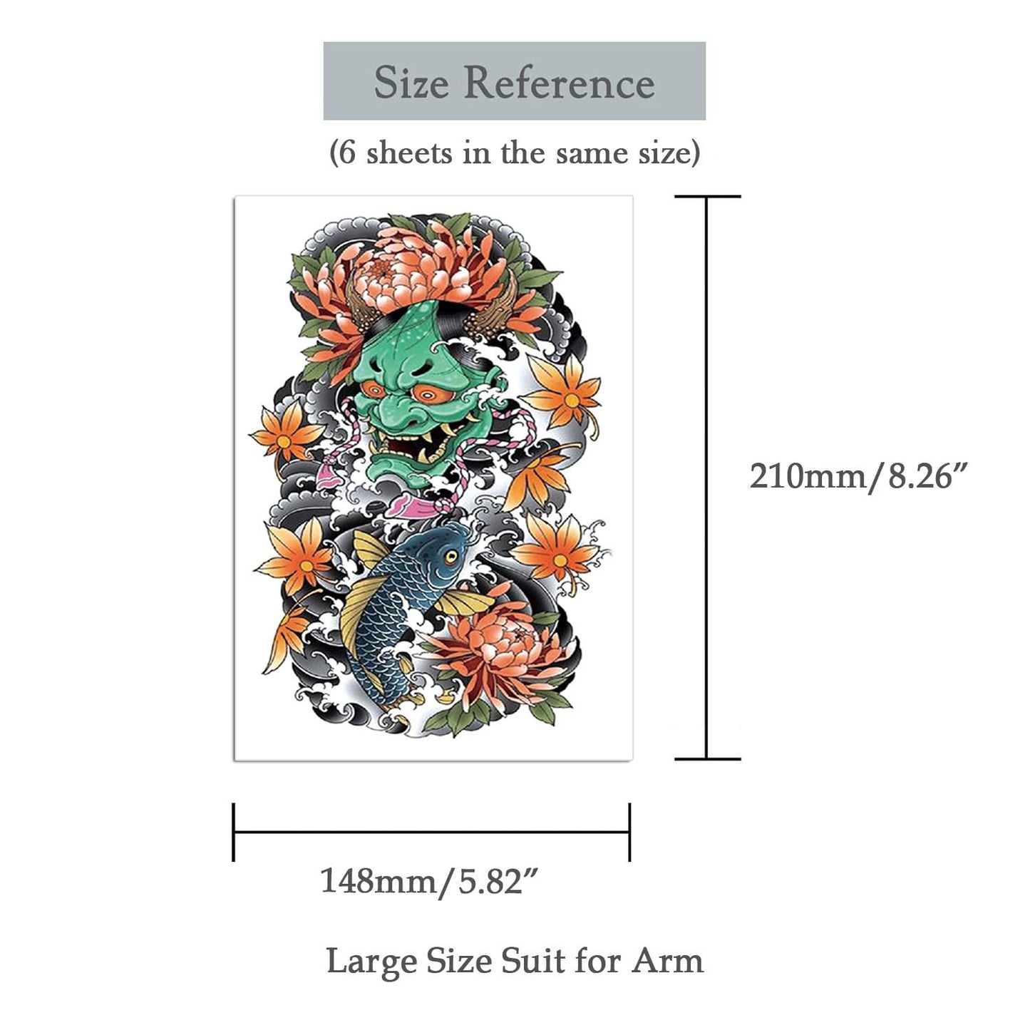 Oottati 6 Sheets Arm Fake Waterproof Temporary Tattoos Stickers Colorful Japanese Prajna Tiger Panda Lotus Koi Carp Samurai