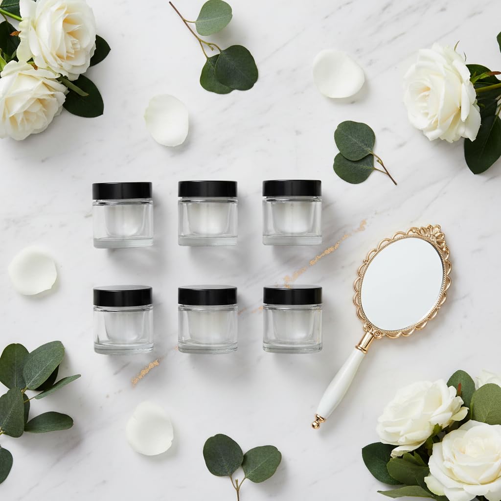 1 oz / 30 ml Clear Thick Wall Glass Jar with Black Lids (12 Pack) Airtight, Smell Proof