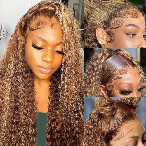 24 inch Ombre Highlight 13x6 Deep Wave Lace Front Wigs Human Hair 200% Density Honey Blonde 4/27 Curly Human Hair Wigs HD Lace Front Glueless Wigs Pre Plucked with Baby Hair Deep Wave Wig