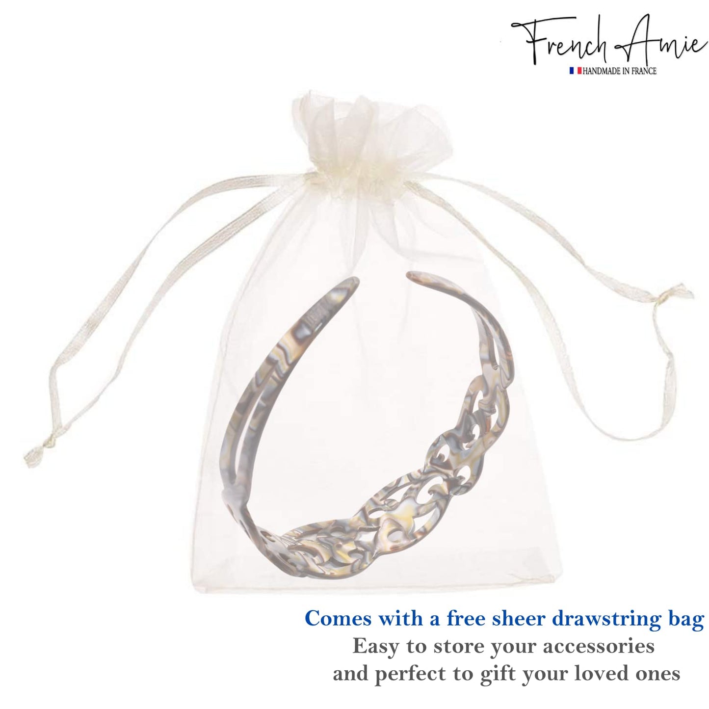 French Amie Filigree Wide 1" Celluloid Acetate Handmade Head bands Fashion Flexible Non Slip Durable Styling Women Hair Accessories, Made in France (Silver Onyx Gray)