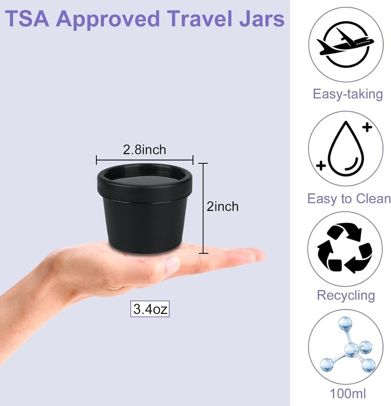 Wowang Travel Containers for Toiletries 3.4oz/100ml 24 Pack TSA Approved Plastic Cream Jars Wide-mouth Cosmetic Pot Jars with Lids Leak Proof Travel Size Containers for Makeup Face Cream(Black)
