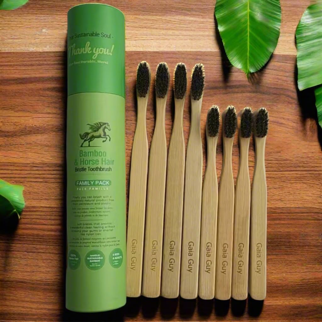 Natural Bamboo Toothbrush Family Pack | Eco-Friendly Horsehair Bristles - 4 Kids & 4 Adults - Compostable & Biodegradable