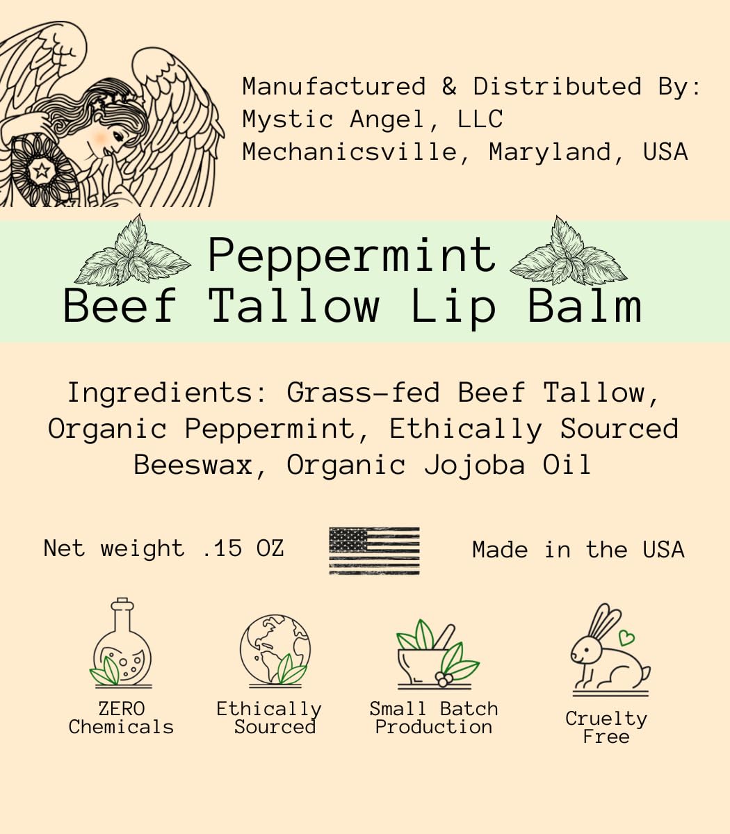Moisturizing Tallow Lip Balm 4 Pack, Enriched with Natural Botanicals, Heals & Protects, Made in USA (Peppermint)