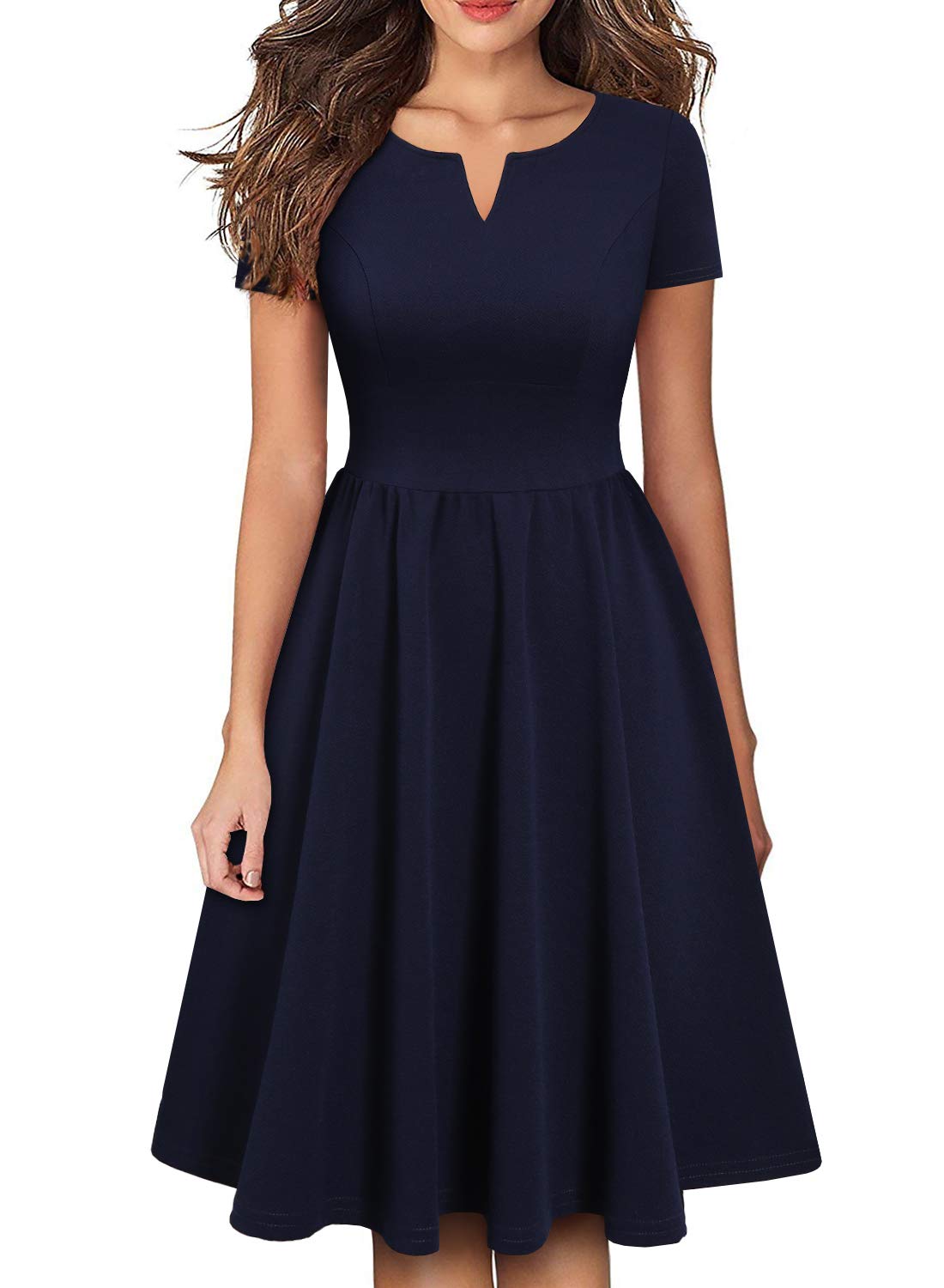 YATHON Women's Vintage Pleated Flared Swing A-Line Casual Party Work Dresses (M, YT028-Dark Blue)