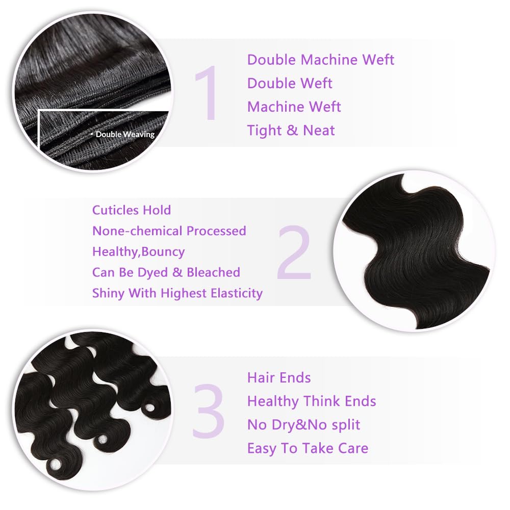 Body Wave Human Hair Bundles - 100% Unprocessed Brazilian Virgin Hair Extensions | 10, 12, 14 Inch Natural Color for Black Women
