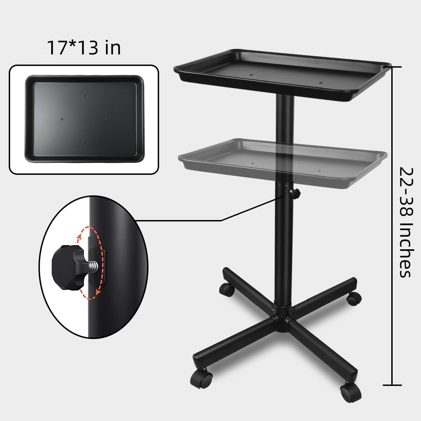 Salon Tray on Wheels, Metal Feet Salon Tray Cart, Salon Rolling Tray with Adjustable Height, Dentist Tray, Tattoo Tray for Salon and SPA Use