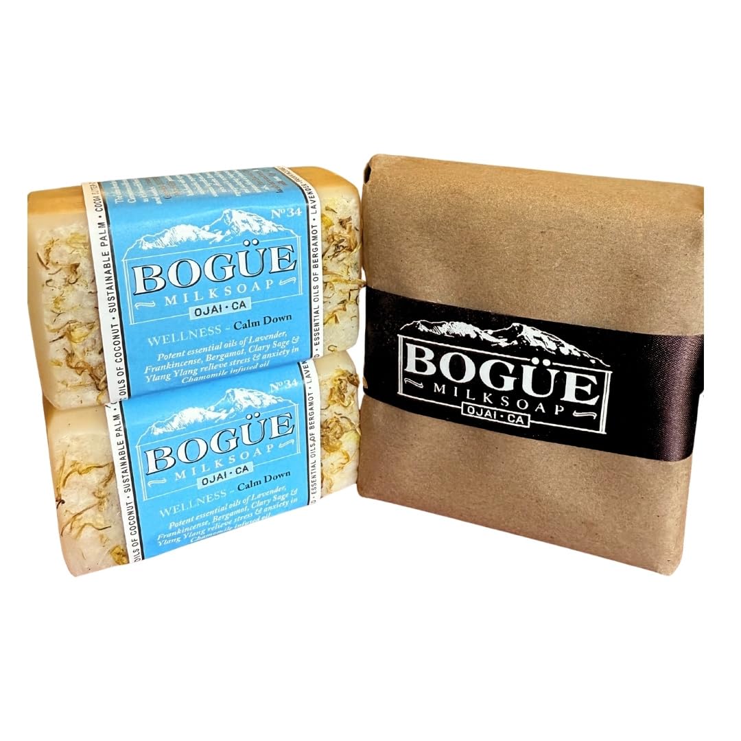 Handmade Goat Milk Soap set of 2 bars- BOGUE No.34 WELLNESS Calm Down blend with essential oils of Lavender, Frankincense, Clary Sage & Calming Chamomile to help reduce stress